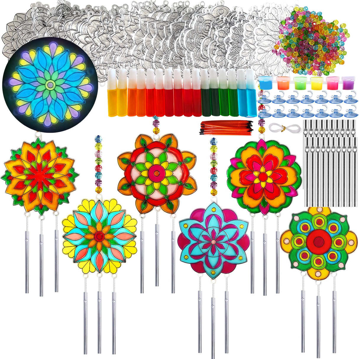 Ayhuhra 30 Sets Mandala Suncatchers Wind Chimes Craft Kits DIY Window Art Suncatcher Mandala Flower Craft Art Kit for Spring Summer Party Activities Art Project Party Favors Ayhuhra