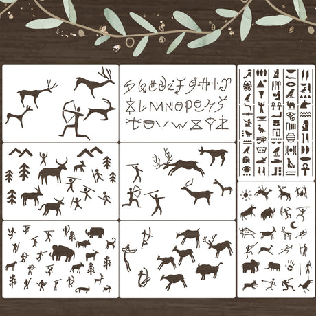 Stencils for Painting on Wood Cave Art Stencils for Crafts Reusable Egyptian Prehistoric Stone Age Templates for Wood Sign Rock Fabrics Paper Card Decor SUNVERSE
