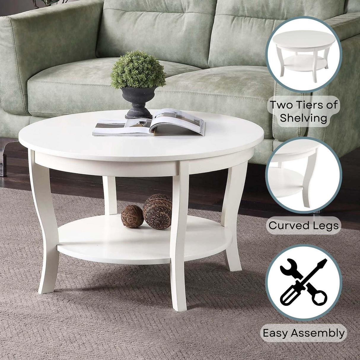 Convenience Concepts American Heritage Round Coffee Table 30" - Classic Living Room Table with Storage Shelf, Traditional Round Family Room Center Table, White Convenience Concepts