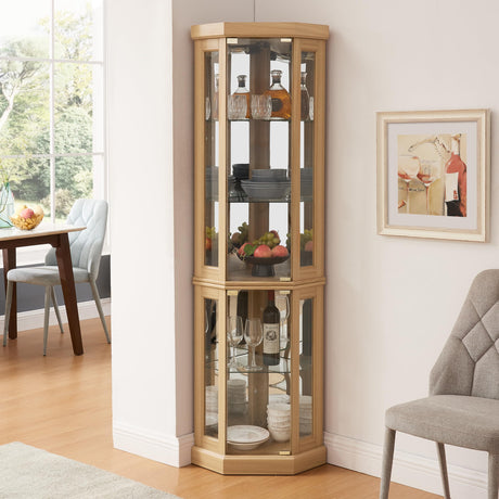 lunhung 69" H Lighted Corner Curio Cabinet, Corner Glass Display Case with Adjustable Shelves & Glass Doors, Wooden Curved Corner Accent Storage Curio Storage Rack for Living Room (Light Oak) lunhung