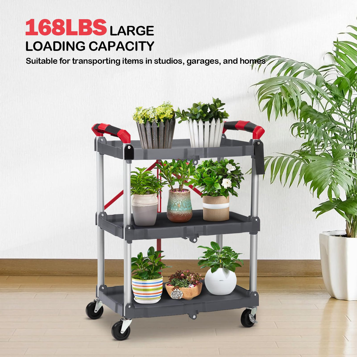 Garvee Collapsible Cart with Wheels, Service Cart, Rolling Carts with Wheels Foldable, 3 Tier Rolling Utility Cart, Folding Utility Shopping Cart for Bar, Kitchen, Office, Shopping, Garage Garvee