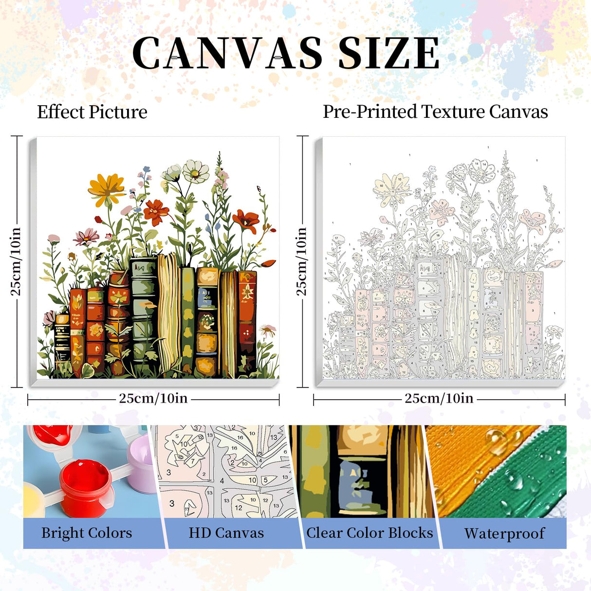 Framed Paint by Numbers Kit for Adults Beginner & Kids Ages 10-13, Books Easy Paint by Numbers with Frame, Flowers Acrylic Adult Painting by Number Kits on Canvas Framed for Gift Decor 10 x 10 Inch Camocin