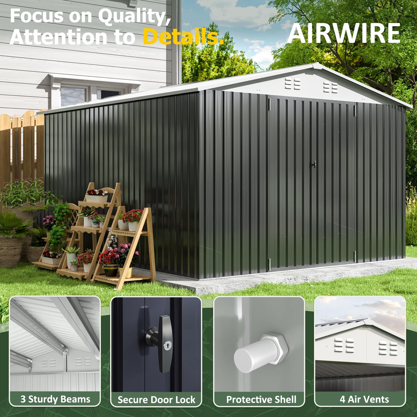 AirWire 12x10 FT Outdoor Storage Shed, Garden Shed with Updated Frame Structure and Lockable Doors, Metal Tool Sheds for Backyard Garden Patio Lawn, White