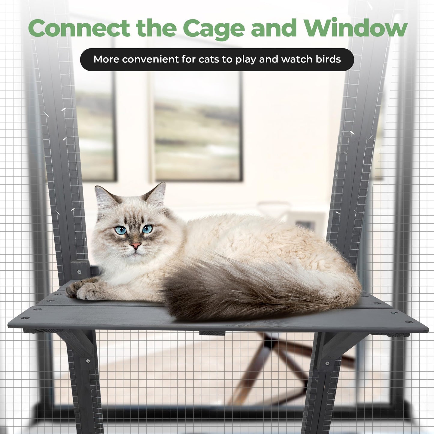 Large Stylish Wooden Catio Outdoor Cat Enclosure Cat Cage & Run Enclosures Indoor Kitty Window Cage with Waterproof Roof, 7 Platforms & 2 Resting Box, UV Resistant, 62.4" L x 32.4" W x 70" H  - WoodArtSupply