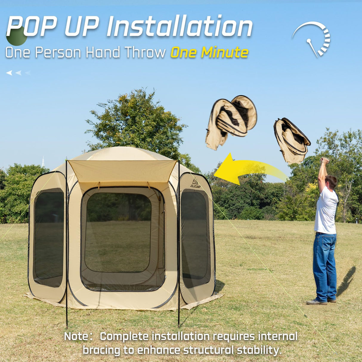 JELUCAMP 10x10 FT Pop Up Screen Tent - Instant Screened Gazebo Canopy with Mosquito Net, Portable Backyard Tent for 4-6 People, Easy Setup Patio Shelter for Camping, BBQ, Sports & Outdoor Activities JELUCAMP