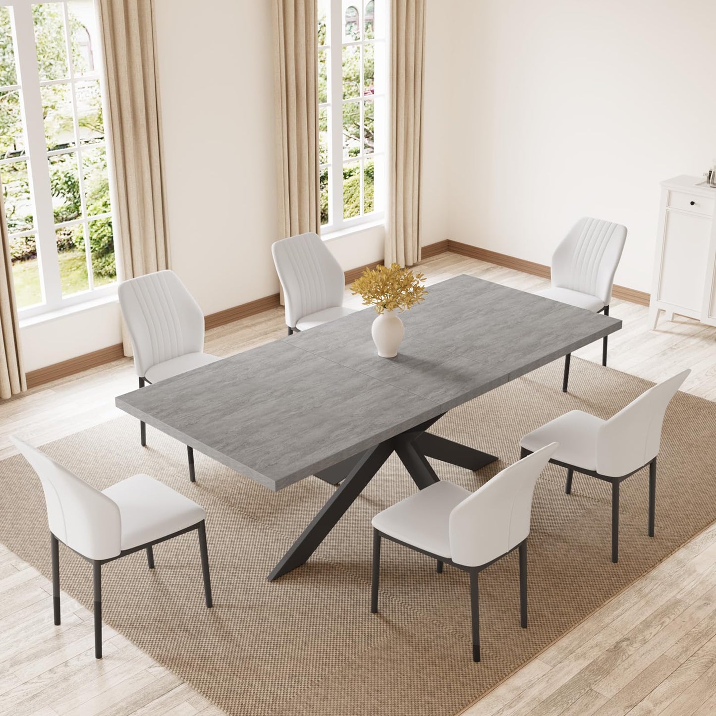 ZckyCine 6-8 People Modern Dining Table Rectangular Kitchen Dining Table Space-Saving Expandable Dining Table Metal Frame (Gray Table + 6 White Chairs) - WoodArtSupply