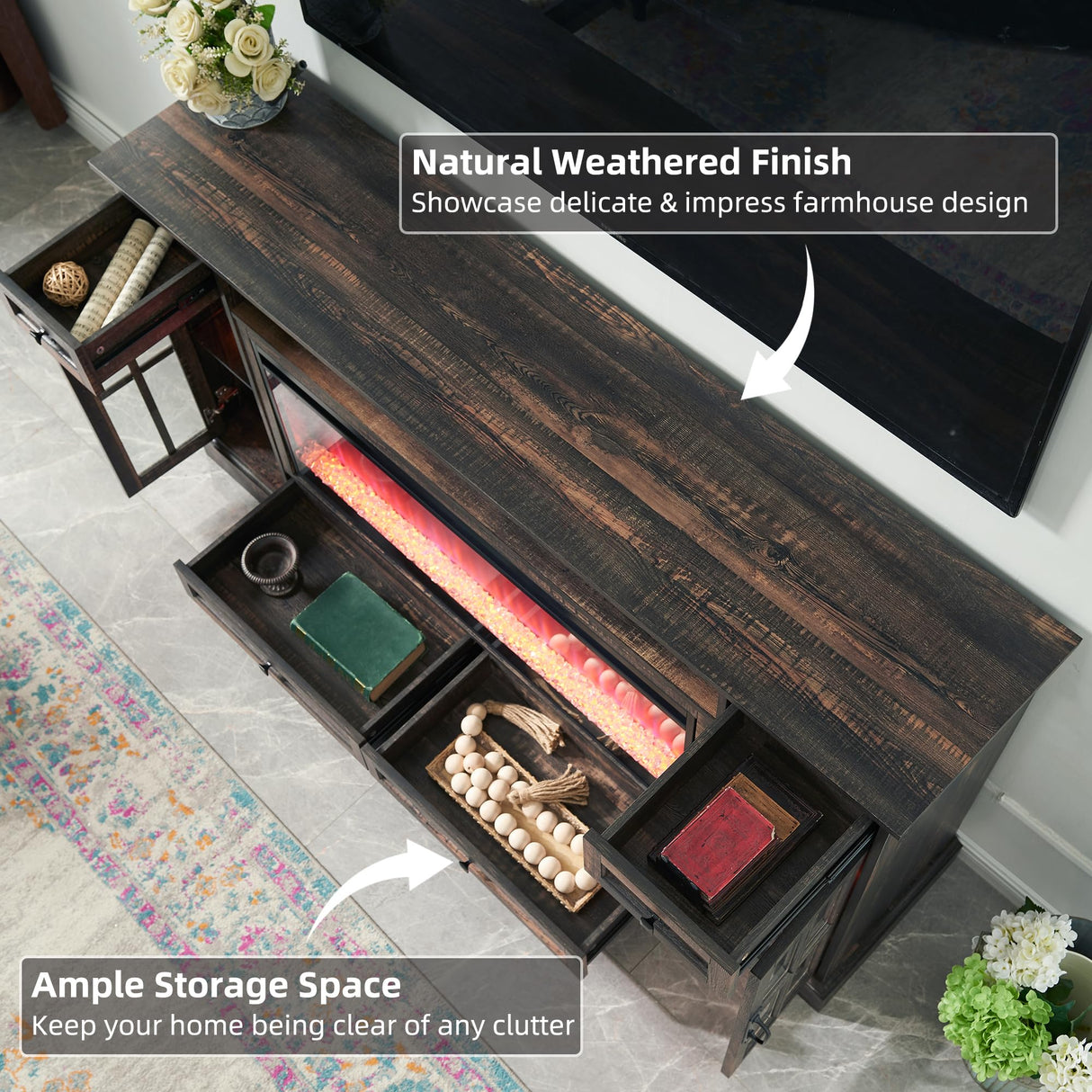 OKD Fireplace TV Stand for 80 Inch TV, Farmhouse Entertainment Center with 42" Fireplace & LED Lights, Modern Media Console Table with Storage Drawers & Cabinets for Living Room, Dark Rustic Oak OKD