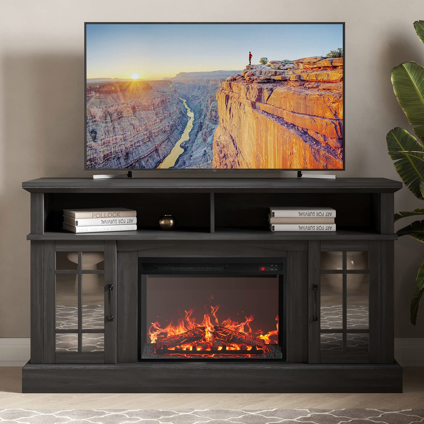 BELLEZE Traditional 58" Rustic TV Stand with 23" Electric Fireplace Heater with Sound, Media Entertainment Center Console Table for TV up to 65" with Open Storage Shelves and Cabinets - Rustic Grey