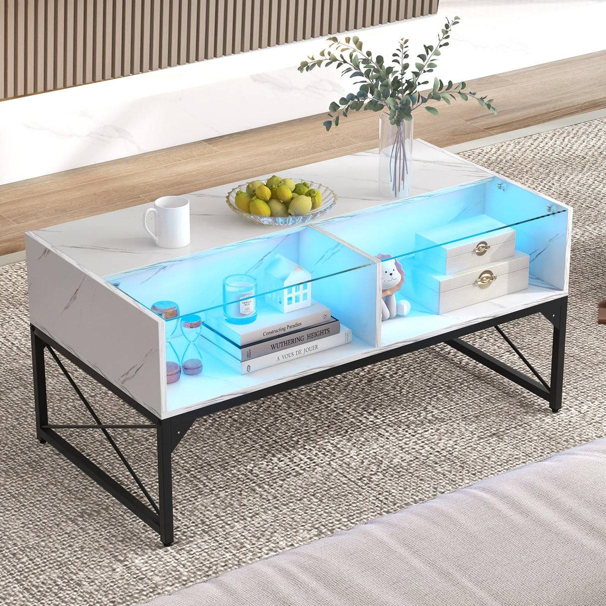 Giantex LED Coffee Table, High Gloss Coffee Tables with 4 Storage Cubes, 20-Color Lights, Remote Control, Faux Marble & Tempered Glass Top, Modern Accent Rectangle Center Table for Living Room (White) Giantex