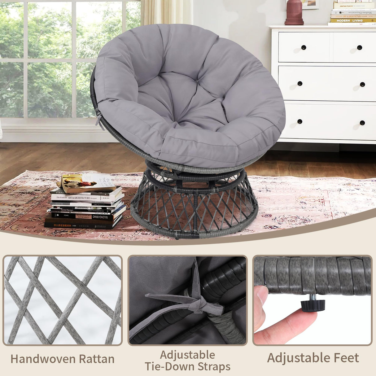 KROFEM 39" Wicker Papasan Circle Chair, 360° Swivel Living Room Chair, Indoor Outdoor Rattan Chair with Thick Cushion, Ideal for Teenagers, Kids, Grey Frame with Light Grey Cushion KROFEM