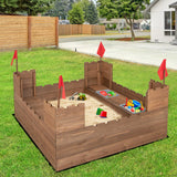 Costzon Kids Sandbox, Cedar Wood 45" x 45" Sand Pit w/Built-in Bench Seats, Storage Boxes, Flags & Protective Bottom Liner, Outdoor Sand Box for Kids Age 3+ for Backyard Garden Beach Costzon