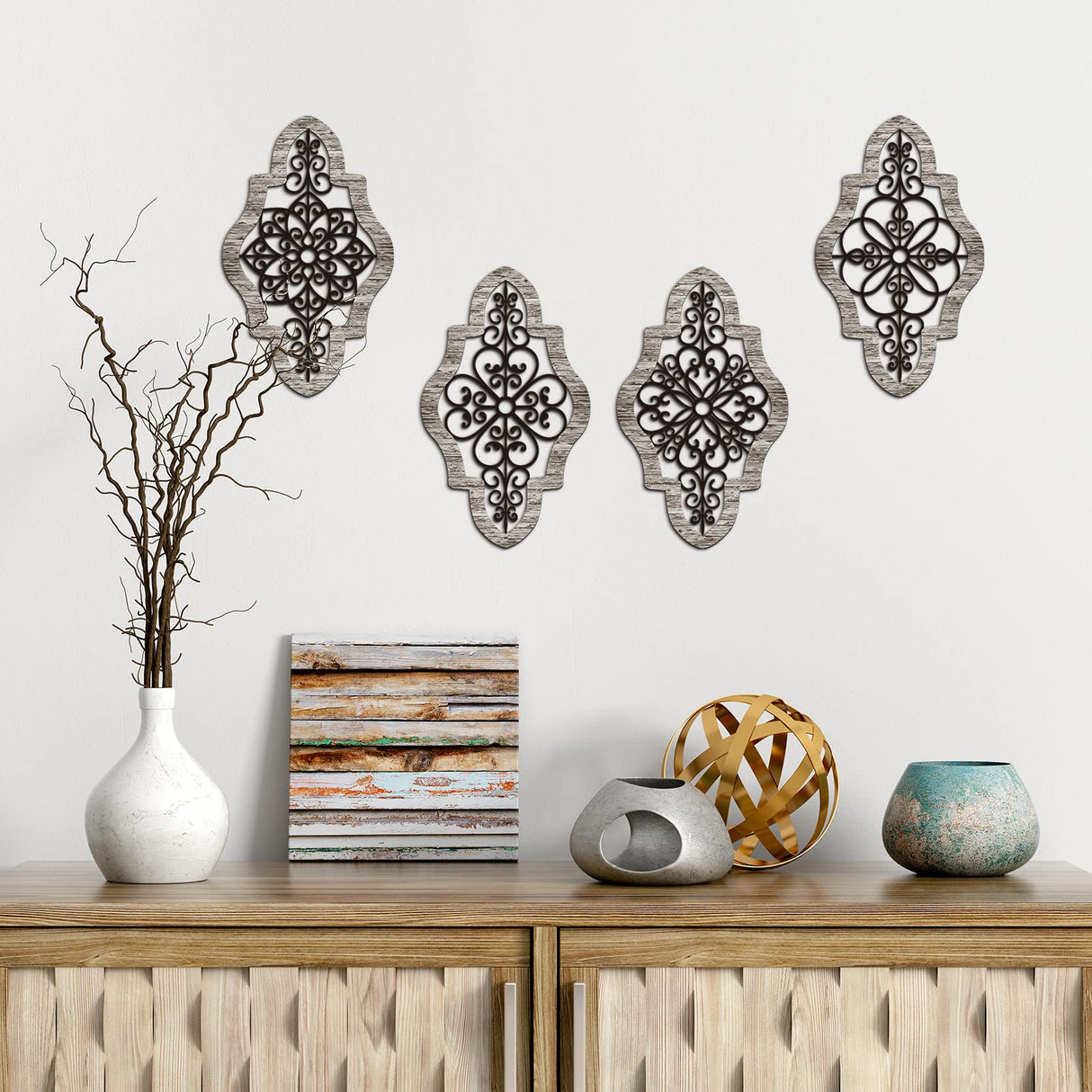 4 Pieces Thicken Rustic Wall Decor Modern Farmhouse Wall Art Decor Wooden Hollow Carved Design Rustic Wall Art for Living Room Bedroom Hallway Decor Office Kitchen Wall Decoration (Fresh Style) Yulejo