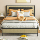 RESLLOWE Rattan Style Bed Frame Full Size Metal Platform Frame with Soft Leather Sponge Wrapping Headboard, Solid and Stable, Noise Free, Suitable for Bedroom RESLLOWE
