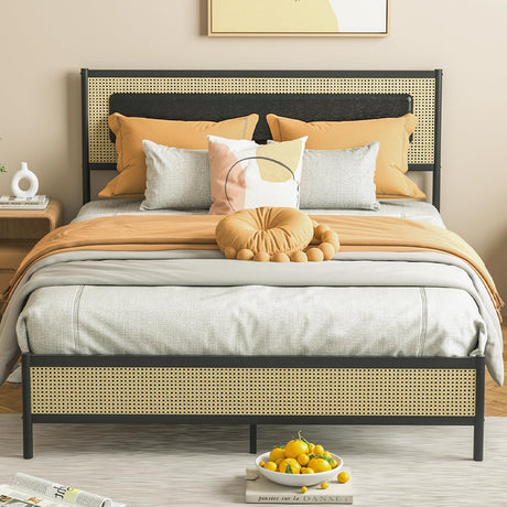 RESLLOWE Rattan Style Bed Frame Full Size Metal Platform Frame with Soft Leather Sponge Wrapping Headboard, Solid and Stable, Noise Free, Suitable for Bedroom RESLLOWE