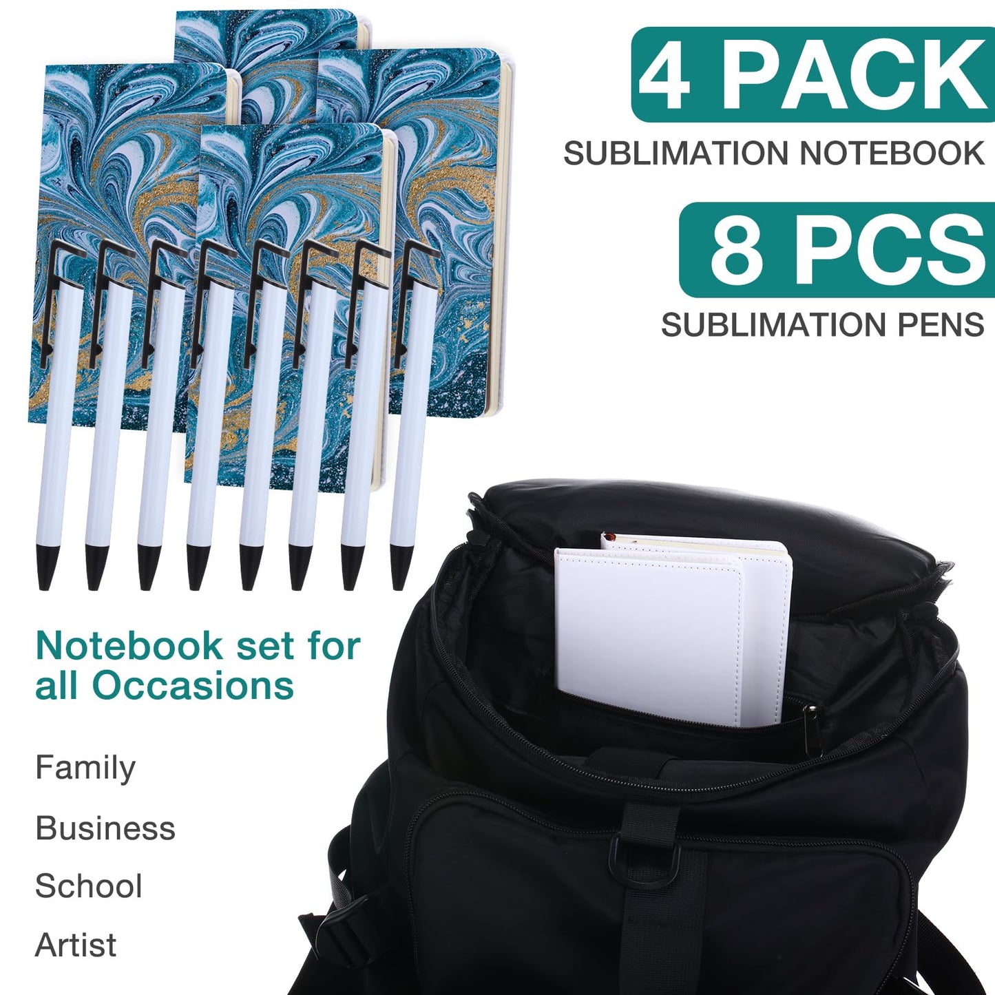 Honoson 12 Pcs Sublimation Journal Blank Gift Include 4 Pcs A6 Sublimation Notebooks Blank 200 Pages and 8 Sublimation Pens Gift for Christmas Office school Supplies Party Favor 6.9x3.9''