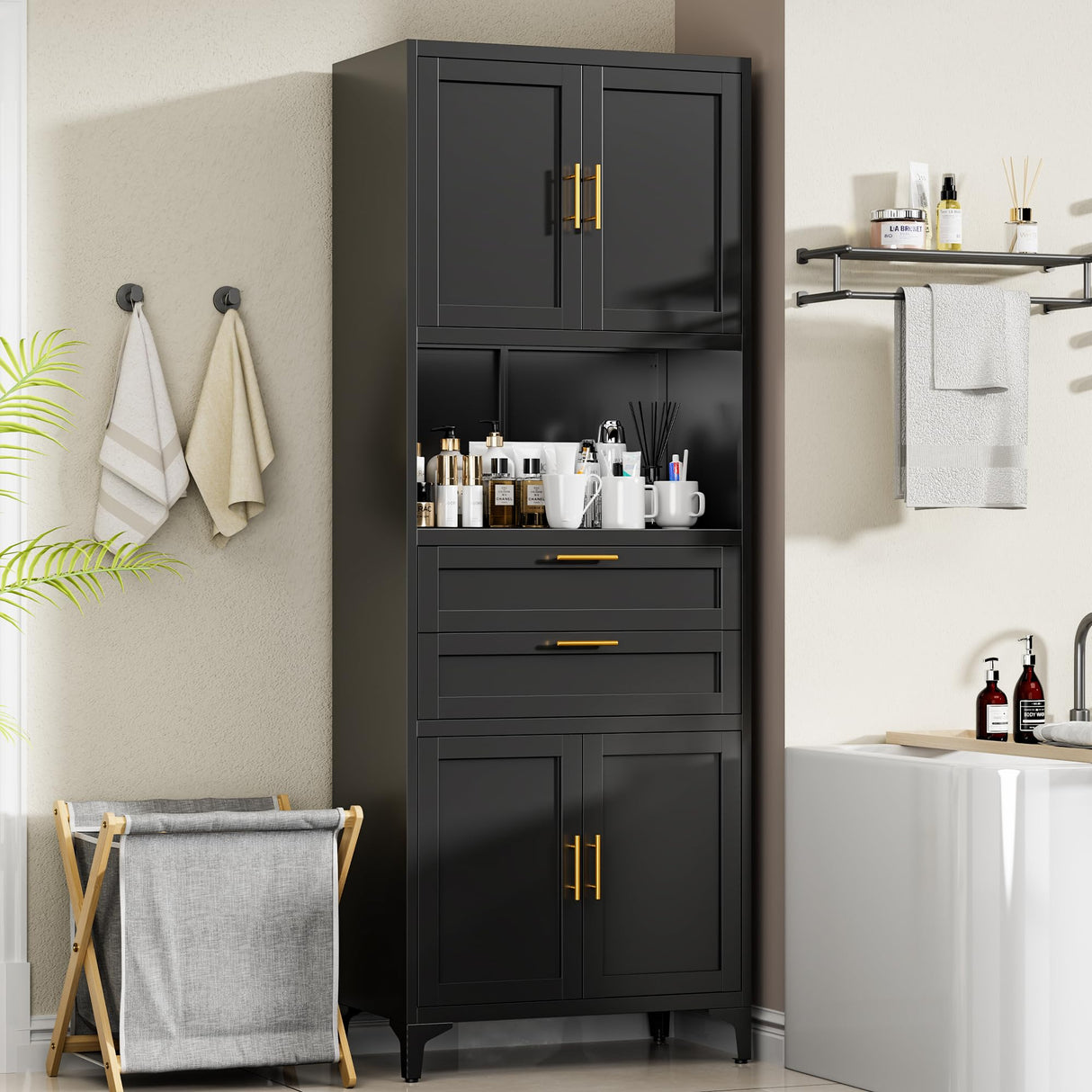 ZLBRDS 75” Tall Kitchen Pantry Storage Cabinet, Metal Storage Cabinet with 2 Drawers and Adjustable Shelves, Kitchen Pantry Cupboard, Freestanding Cupboard for Bathroom, Living Room(Black) ZLBRDS