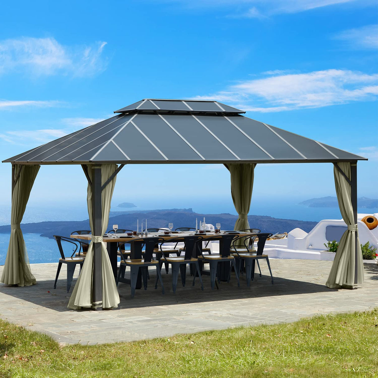 MELLCOM 12x16FT Hardtop Gazebo, Permanent Outdoor Aluminum Patio Gazebo with Aluminum Composite Double Roof for Patio Lawn and Garden, Curtains and Netting Included MELLCOM