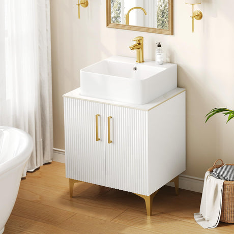 DWVO Bathroom Vanity 24 Inch with Counter Top Sink Combo, Modern Bathroom Storage Vanity Cabinet Set Included 2 Large Soft Closing Doors, Drain, Gold Handles & Legs, White DWVO