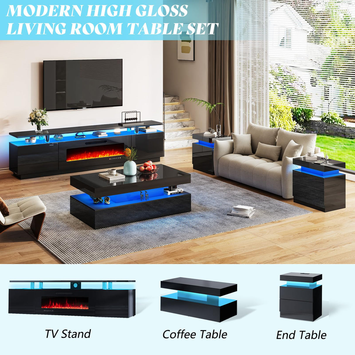 AMERLIFE High Gloss LED Nightstand Set of 2 with Charging Station, Modern Bedside Table Night Stand with LED Lights, Sofa End Side Tables with Drawers for Bedroom Living Room, Black AMERLIFE