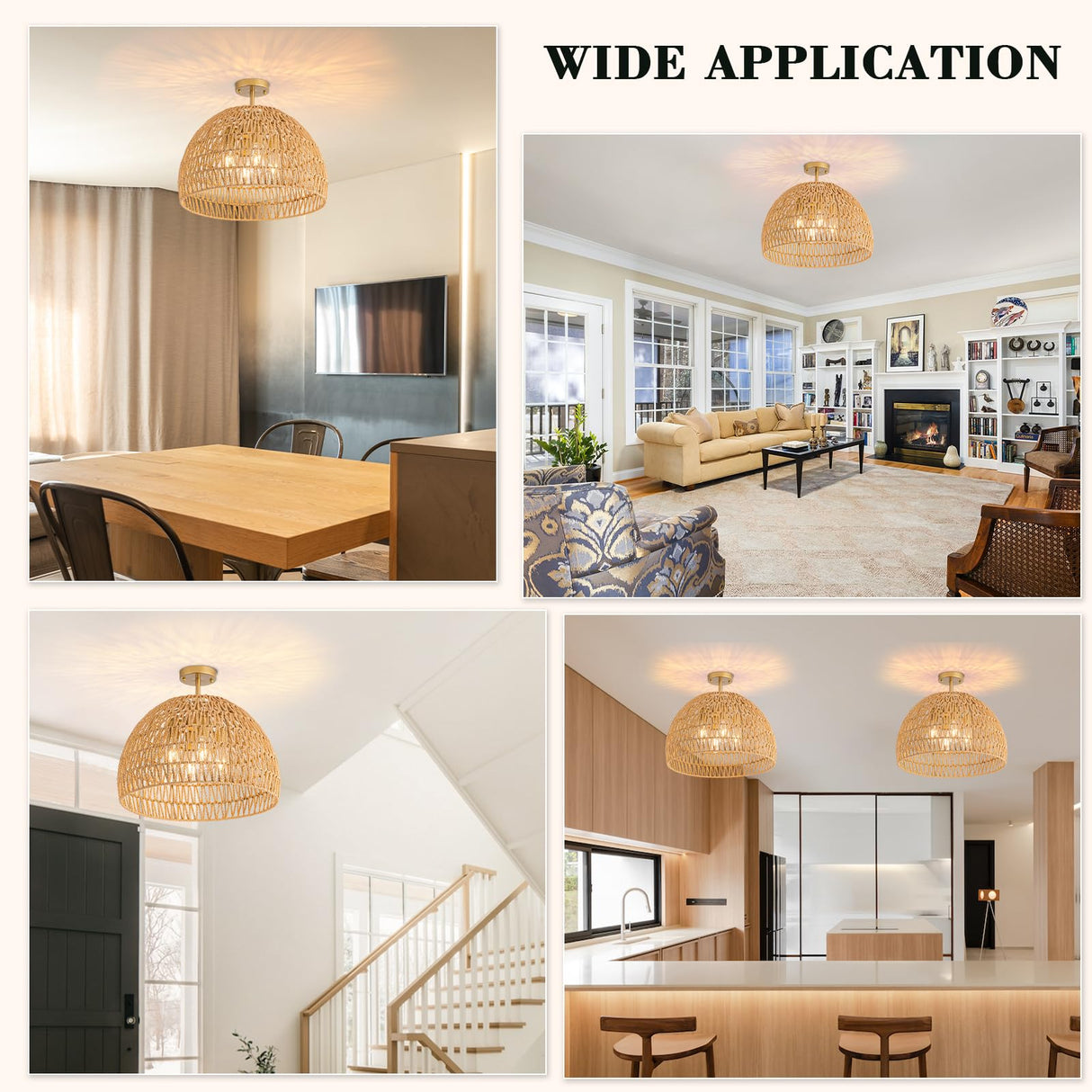 Rattan Ceiling Light Fixture, 4-Light Boho Semi Flush Mount Ceiling Light, 20" Wicker Light Fixture with Handmade Woven Cage Lampshade, Rattan Chandelier for Bedroom Hallway Nursery Kitchen Farmhouse Ledshaoyue