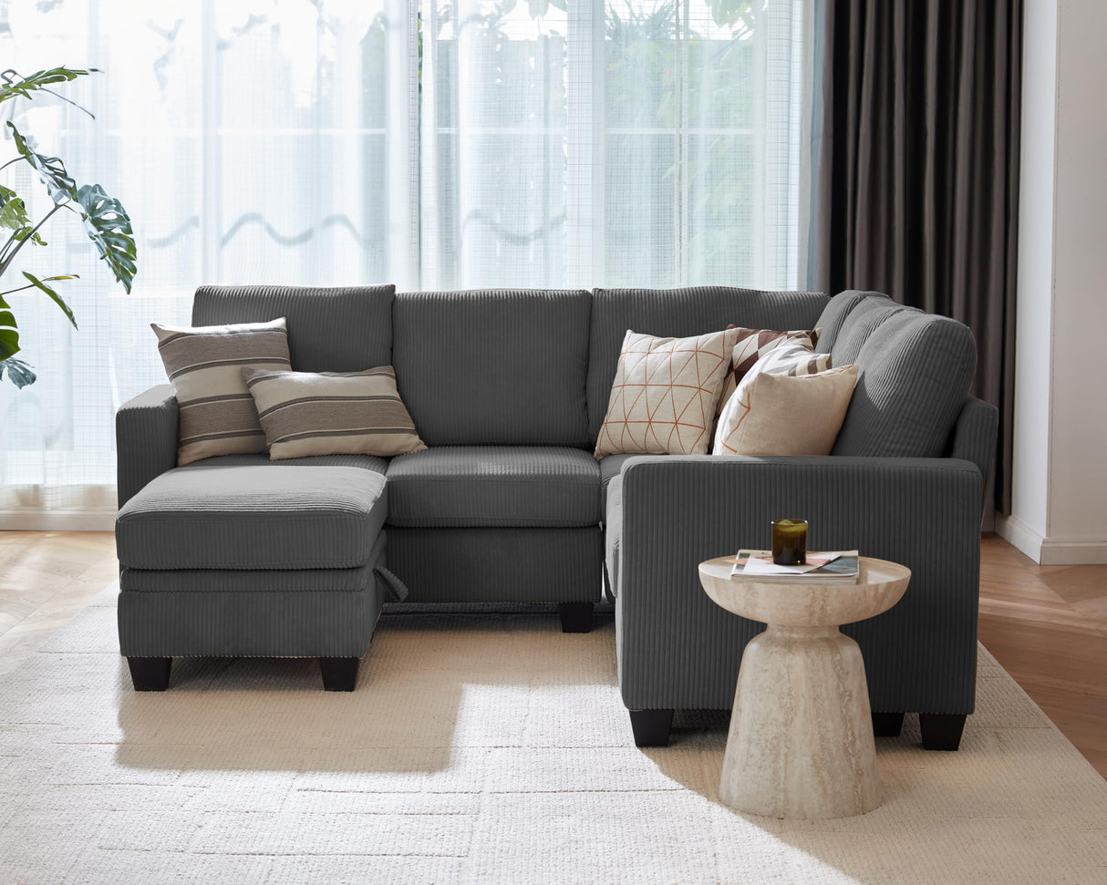 CHIC HOUSE Modular Sectional Couch| Corduroy L Shaped Sleeper Sofa, U-Shape Sofa Bed Convertible Chaise with Storage Ottoman for Living Room Modern Furniture (Dark Grey, 6 Seater L-Shaped) CHIC HOUSE