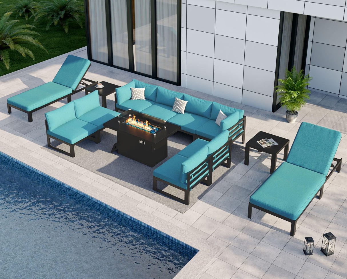 NICESOUL 13 Piece Large Modern Aluminum Patio Furniture Set, Rust Water Resistant Modular Outdoor Conversation Set with Chaise & Fire Pit Table, 500 lbs Durable Modular Sectional Sofa for Deck, Teal NICESOUL