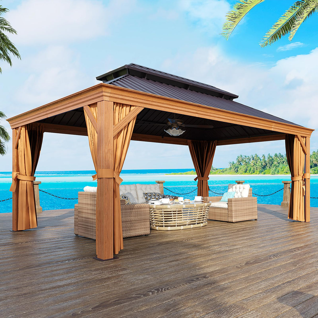 Jolydale 12' x 16' Gazebo, Wooden Finish Coated Aluminum Frame Canopy, Galvanized Steel Double Top, Outdoor Permanent Metal Pavilion with Privacy Curtains and Netting, for Patio, Deck and Backyard Jolydale