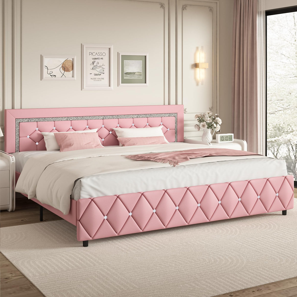King Size Bed Frame, Faux Leather Upholstered Bed with Diamond Tufted Headboard, Modern King Size Bed with Wooden Slats Support, No Box Spring Required, Easy Assembly, Pink BarnFurin