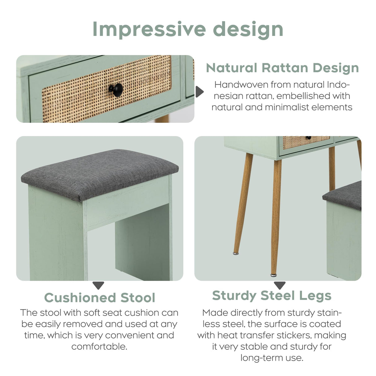 Brafab 31" Boho Natural Rattan Vanity Desk Set with 3 Modes Adjustable Lighted Mirror and Cushioned Stool, Modern Compact Design Makeup Table for Bedroom, Cute Dressing Table for Small Space, Mint Brafab