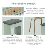 Brafab 31" Boho Natural Rattan Vanity Desk Set with 3 Modes Adjustable Lighted Mirror and Cushioned Stool, Modern Compact Design Makeup Table for Bedroom, Cute Dressing Table for Small Space, Mint Brafab