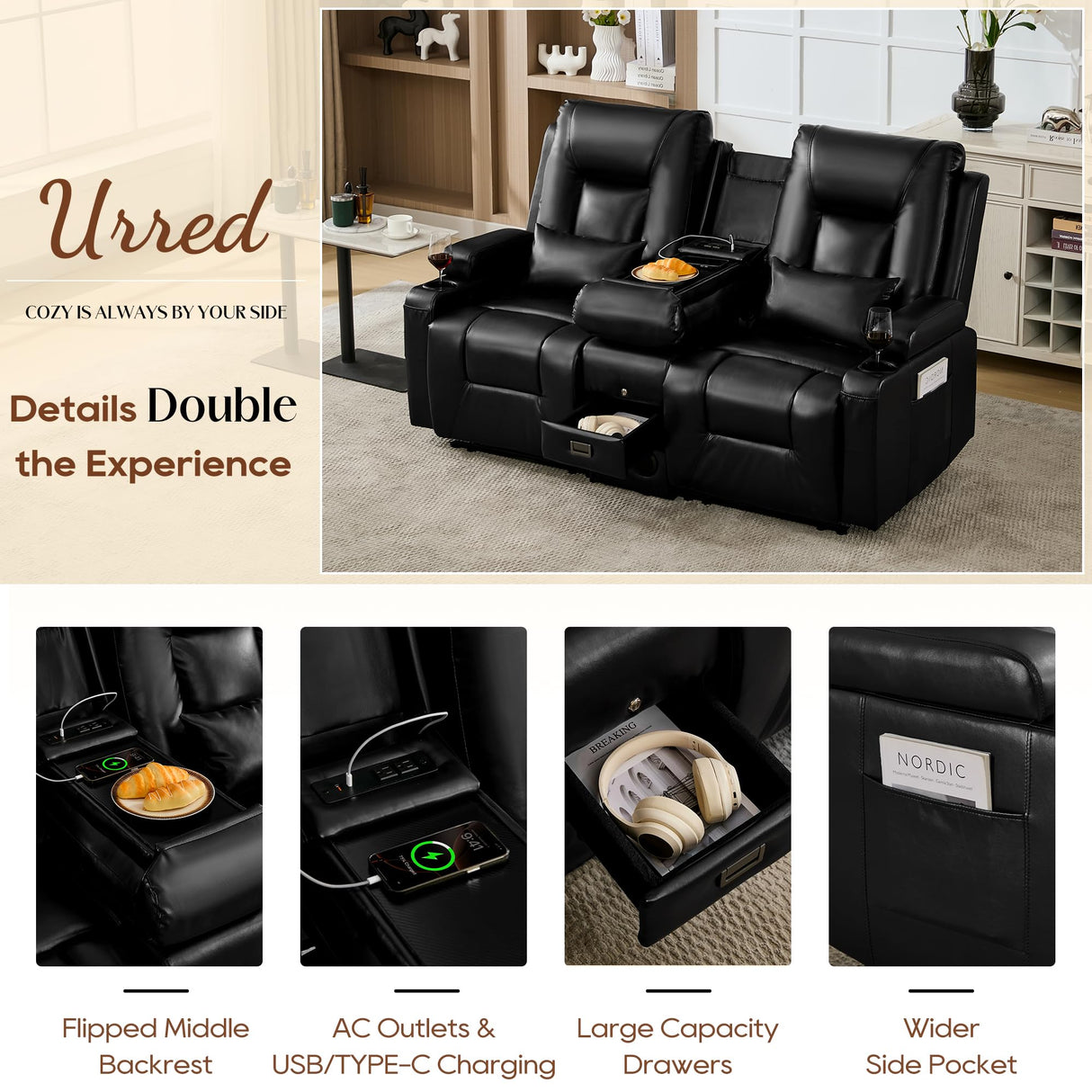 URRED Manual Reclining Loveseat Sofa with Console, Double Recliner RV Couch with Bluetooth Speakers, USB & Power Outlet, Cup Holders, Pillow and Side Pocket, for Home Theater, Faux Leather, Black URRED
