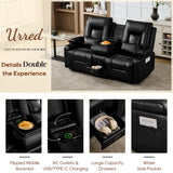 URRED Manual Reclining Loveseat Sofa with Console, Double Recliner RV Couch with Bluetooth Speakers, USB & Power Outlet, Cup Holders, Pillow and Side Pocket, for Home Theater, Faux Leather, Black URRED