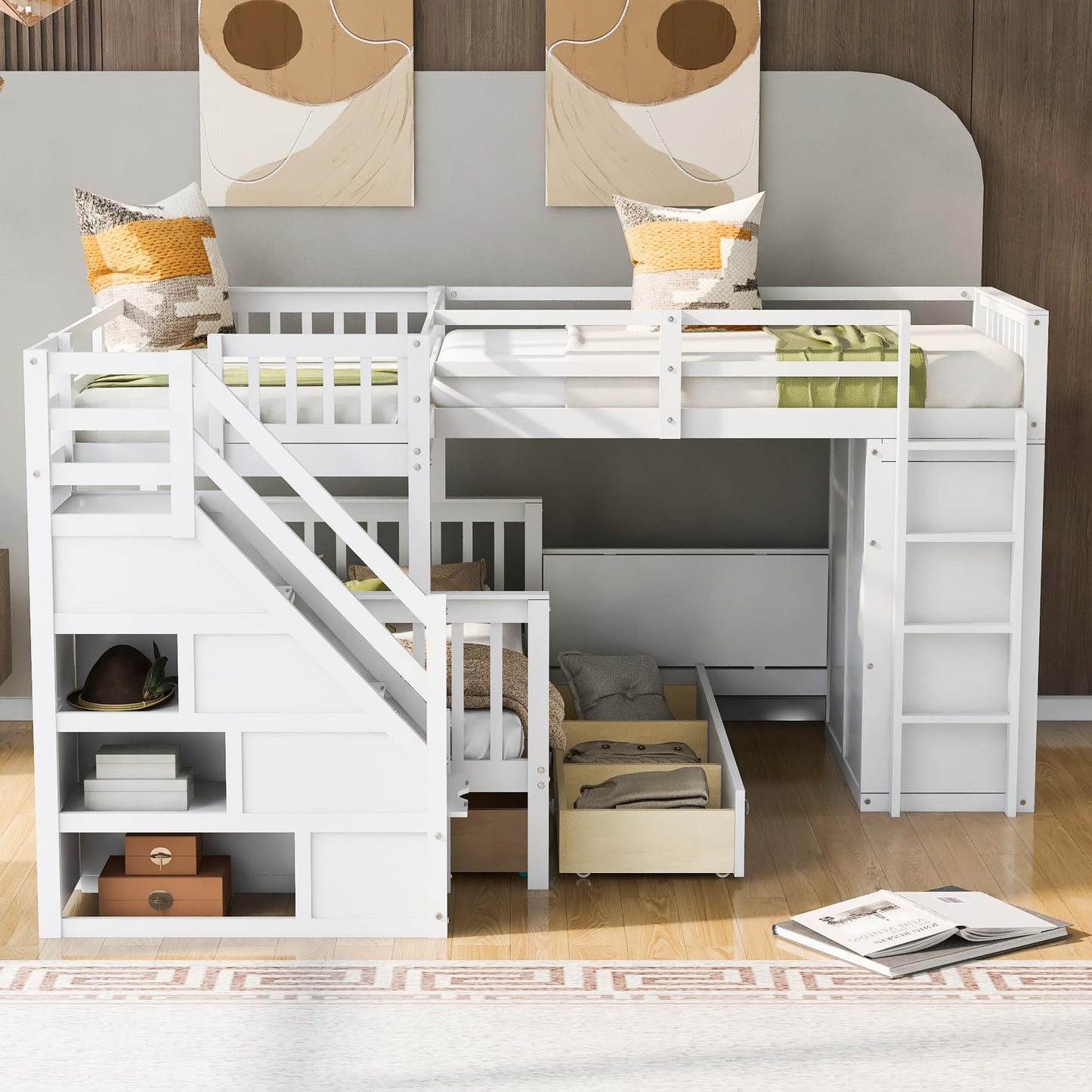 VilroCaz Modern L-Shaped Twin-Twin Over Full Bunk Bed with Staircase and 3 Storage Drawers, Solid Wood Triple Bed with Portable Desk and Wardrobe for Adults Teens Kids, Maximized Space (White-3t)