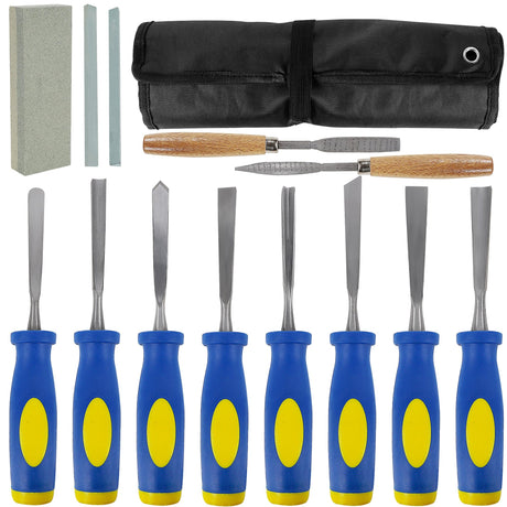 Lulu Home 13 PCS Wood Chisel with Canvas Bag, Wood Carving Tool Set Including Steel Beveled Chisel Tools with Rubber Handles, Rasps and Sharpening Stones for Woodworking Lulu Home