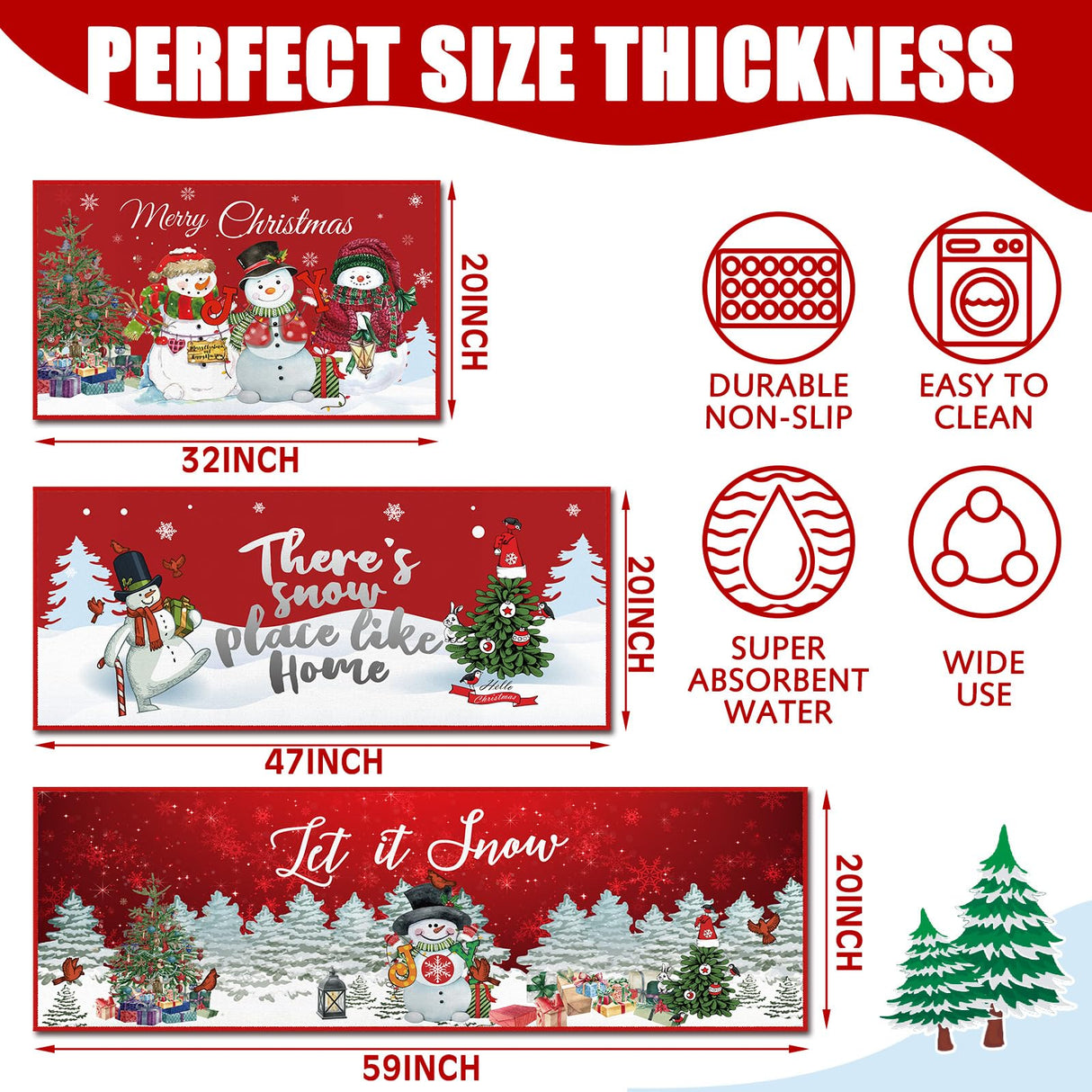 Layhit 3 Pcs Christmas Kitchen Rug and Mat Set Christmas Absorbent Anti Fatigue Winter Bathroom Mat Non Slip Washable Rug for Xmas Party Kitchen Decor 20'' x 59'' + 20'' x 47'' + 20'' x 32''(Snowman) Layhit