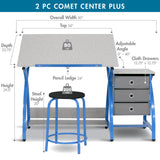 SD STUDIO DESIGNS Comet Center Plus, Craft Table and Matching Stool Set with Storage and Adjustable Top, Blue/Spatter Gray, 50x23.75x29.5 inches, 2 Piece SD STUDIO DESIGNS