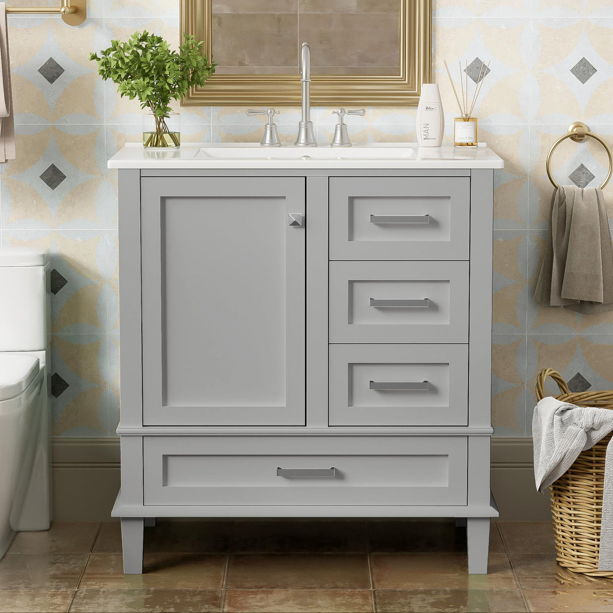 30" Bathroom Vanity with Sink, 30 Inch Bathroom Vanity with Top, 3 Drawers and 1 Soft Closing Door, Modern Bathroom Vanity with Sink 30 Inch for Bathroom (Grey) Mirightone