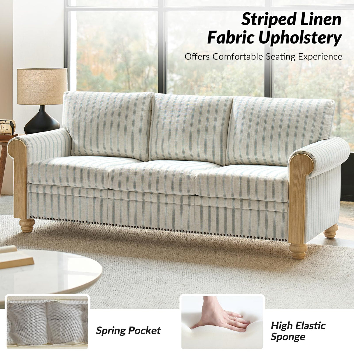 HULALA HOME 81" Farmhouse Couch with Stripe Pattern, 3 Seater Sofa with Solid Wood Legs and Rolled Wide Armrests, Comfy Upholstered Sofa with Nailhead Trims, FSC Certified, Blue HULALA HOME