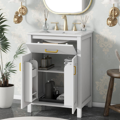 LUMISOL 24" Bathroom Vanity with Sink, Single Bathroom Vanity with a Drawer & Soft-Close Doors, Solid Wood Bathroom Cabinet with 2-Tier Racks, Adjustable Shelf, Ceramic Vessel Sink, White 24 in