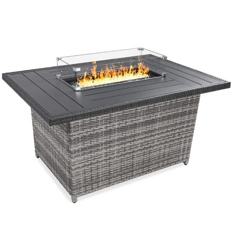 Best Choice Products 52in 50,000 BTU Outdoor Wicker Patio Propane Gas Fire Pit Table w/Aluminum Tabletop, Glass Wind Guard, Clear Glass Rocks, Cover, Slide Out Tank Holder, and Lid - Gray Best Choice Products