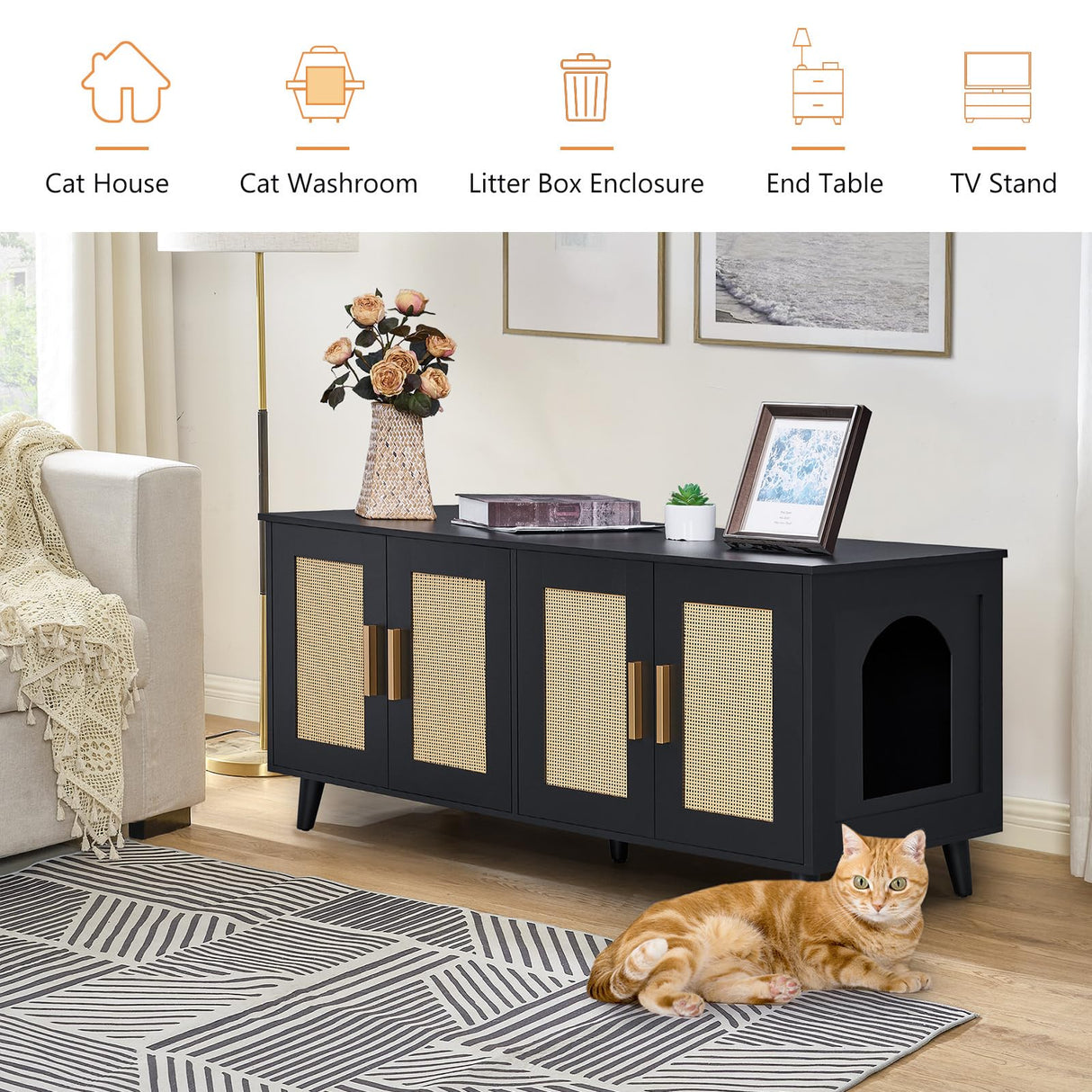 Homhedy Boho Cat Litter Box Enclosure for 2 Cats,Litter Box Furniture Hidden with Double Rattan Decorated Doors,Wooden Cat Washroom Furniture,Cat House,47.2”L x 19.7”W x 21.7”H, Black Homhedy