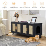 Homhedy Boho Cat Litter Box Enclosure for 2 Cats,Litter Box Furniture Hidden with Double Rattan Decorated Doors,Wooden Cat Washroom Furniture,Cat House,47.2”L x 19.7”W x 21.7”H, Black Homhedy