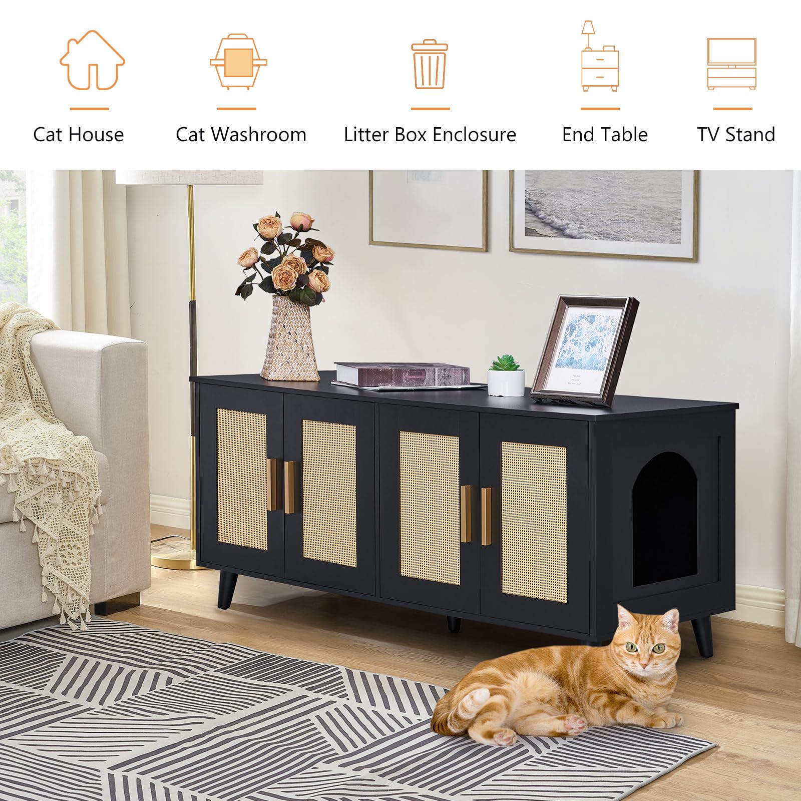 Homhedy Boho Cat Litter Box Enclosure for 2 Cats,Litter Box Furniture Hidden with Double Rattan Decorated Doors,Wooden Cat Washroom Furniture,Cat House,47.2”L x 19.7”W x 21.7”H, Black - WoodArtSupply