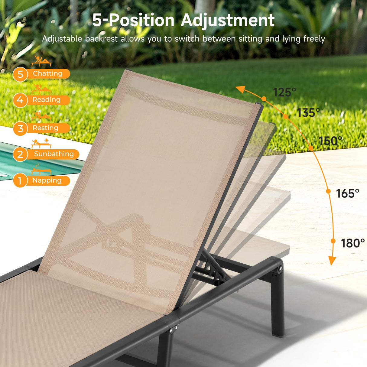 ONBRILL Aluminum Chaise Lounge Chair Outdoor, Foldable & Assembly Free Outdoor Lounge Chair with 5 Position Adjustable Backrest, Patio Pool Lounge Chairs for Outside Poolside Beach Lawn, 1PC, Khaki ONBRILL