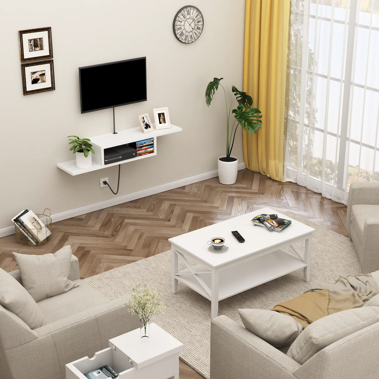 ChooChoo Floating TV Stand Shelf, Wall Mount Entertainment Center Media Console for Living Room, Bedroom, White ChooChoo