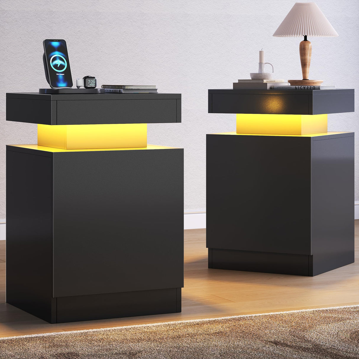 MXV Nightstand Set of 2 with LED Lights,Night Stand with Storage Cabinet for Bedroom,Bedside Table with LED (Black, 15" / Set of 2) MXV