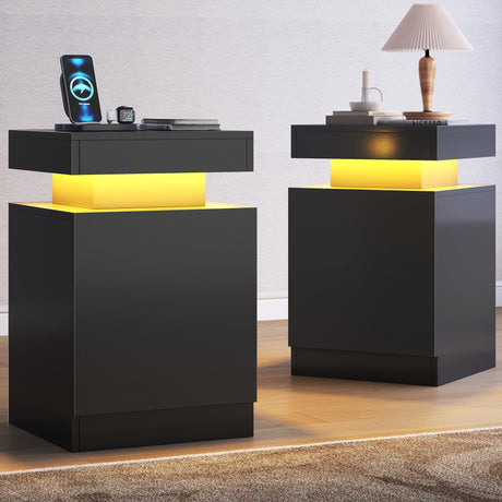 MXV Nightstand Set of 2 with LED Lights,Night Stand with Storage Cabinet for Bedroom,Bedside Table with LED (Black, 15" / Set of 2) MXV
