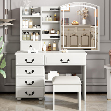 Leavader Vanity Desk Set with Lighted Mirror and Stool, Makeup Table with Sliding LED Lighted Mirror-3 Color Models, Makeup Desk with 6 Drawers & Shelves & Cushion Stool, Dressing Table for Home Apt Leavader