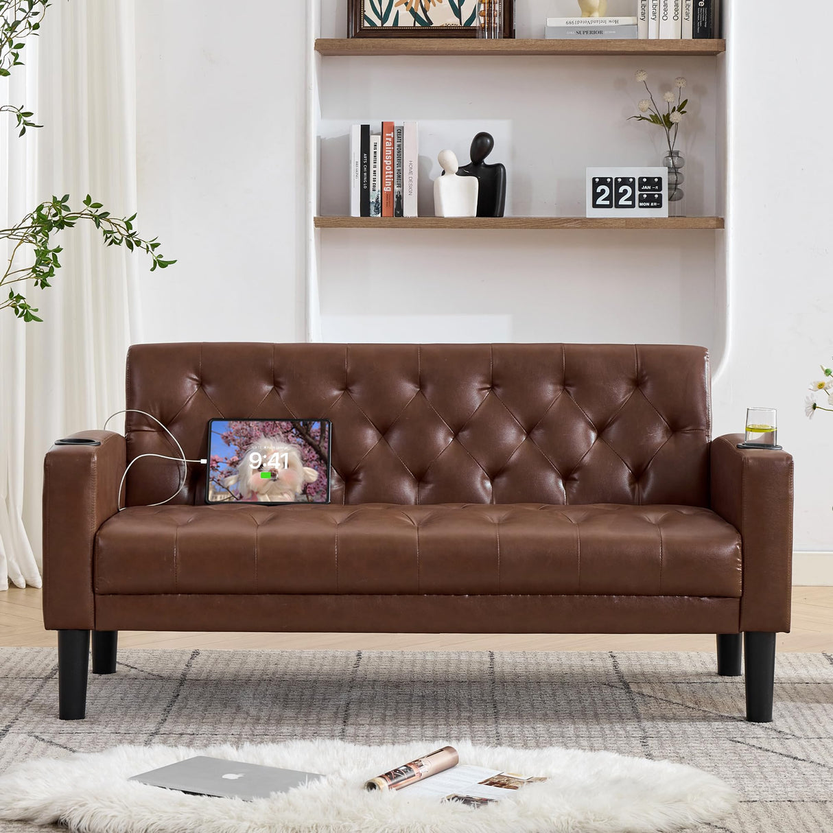TYBOATLE 62" W Brown Leather Loveseat w/ 2 USB and 2 Cupholders, Mid-Century Modern Tufted Small Love Seat Couches for Office, Living Room, Bedroom, Dorm (1, Brown) TYBOATLE