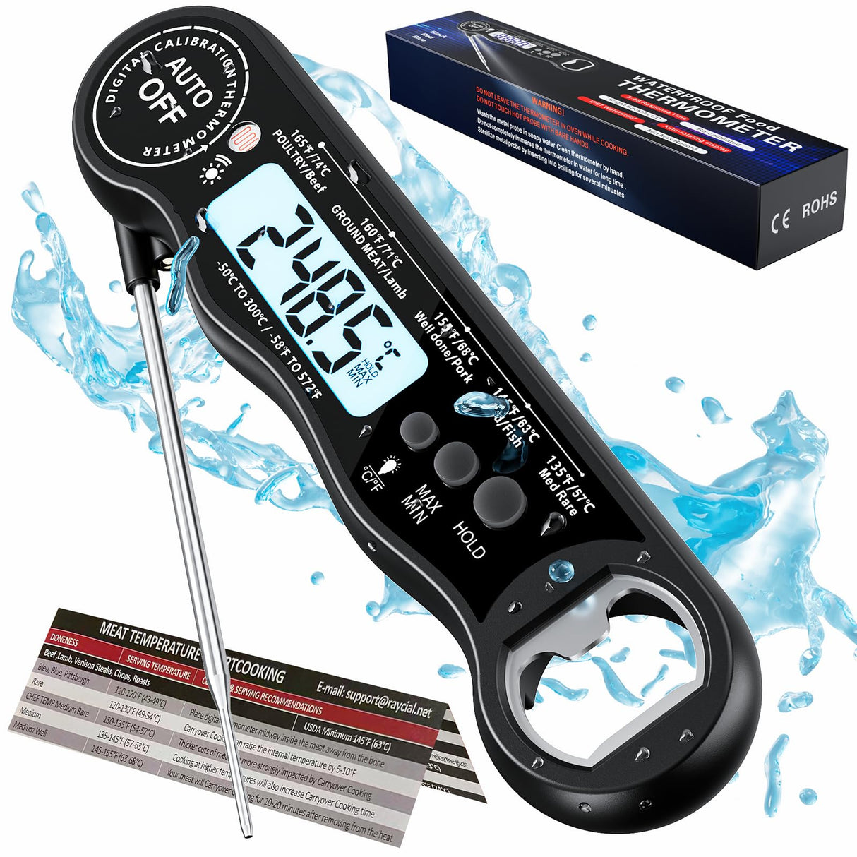 Instant Read Meat Thermometer Digital for Cooking and Grilling, Kitchen Food Thermometer with Foldable Probe Large Backlight Screen & Calibration for BBQ, Smoker, Air Fryer, Oil Fry, Turkey, Beef kejector